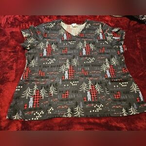 Festive Gray and Red Graphic Women's Scrub Top